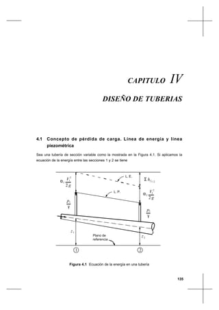 135
Diseño de tuberíasCapítulo IV
CAPITULO IV
DISEÑO DE TUBERIAS
4.1 Concepto de pérdida de carga. Línea de energía y línea
piezométrica
Sea una tubería de sección variable como la mostrada en la Figura 4.1. Si aplicamos la
ecuación de la energía entre las secciones 1 y 2 se tiene
Figura 4.1 Ecuación de la energía en una tubería
p
γ
2
2z
hf
2
V
g
2
p
γ
1
1z
L. E.
2 g
V 2
1 2
Plano de
referencia
1
2L. P.
1α
α2
Σ 1-2
 