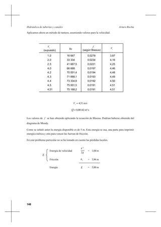 148
Arturo RochaHidráulica de tuberías y canales
Aplicamos ahora un método de tanteos, asumiendo valores para la velocidad.
=1
V 4,51 m/s
=Q 0,00142 m3
/s
Los valores de f se han obtenido aplicando la ecuación de Blasius. Podrían haberse obtenido del
diagrama de Moody.
Como se señaló antes la energía disponible es de 5 m. Esta energía se usa, una parte para imprimir
energía cinética y otra para vencer las fuerzas de fricción.
En este problema particular no se ha tomado en cuenta las pérdidas locales.
Energía de velocidad
g
V
2
2
= 1,04 m
Fricción fh = 3,96 m
Energía E = 5,00 m
V1
(supuesto)
Re
f
(según Blasius)
V1
1,0
2,0
2,5
4,0
4,2
4,3
4,4
4,5
4,51
16 667
33 334
41 667,5
66 668
70 001,4
71 668,1
73 334,8
75 001,5
75 168,2
0,0278
0,0234
0,0221
0,0197
0,0194
0,0193
0,0192
0,0191
0,0191
3,87
4,16
4,25
4,46
4,48
4,49
4,50
4,51
4,51
E
 