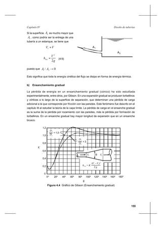 155
Diseño de tuberíasCapítulo IV
Si la superficie 2A es mucho mayor que
1A , como podría ser la entrega de una
tubería a un estanque, se tiene que
VV =1
g
V
hloc
2
2
= (4-9)
puesto que 0/ 21 →AA
Esto significa que toda la energía cinética del flujo se disipa en forma de energía térmica.
b) Ensanchamiento gradual
La pérdida de energía en un ensanchamiento gradual (cónico) ha sido estudiada
experimentalmente, entre otros, por Gibson. En una expansión gradual se producen torbellinos
y vórtices a lo largo de la superficie de separación, que determinan una pérdida de carga
adicional a la que corresponde por fricción con las paredes. Este fenómeno fue descrito en el
capítulo III al estudiar la teoría de la capa límite. La pérdida de carga en el ensanche gradual
es la suma de la pérdida por rozamiento con las paredes, más la pérdida por formación de
torbellinos. En un ensanche gradual hay mayor longitud de expansión que en un ensanche
brusco.
1A
A2
0º 20º 100º
0
0,2
D
2D
= 1,5
40º 60º 80º 120º 140º 160º 180º
0,4
0,6
0,8
1,0
1,2
1
2D
D1
= 3
1V V2
K
1 2V - V( )
h = Kloc
2 g
2
θ
θ
Figura 4.4 Gráfico de Gibson (Ensanchamiento gradual)
 