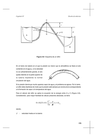 175
Diseño de tuberíasCapítulo IV
En el tramo de tubería en el que la presión es menor que la atmosférica se libera al aire
contenido en el agua y, si la velocidad
no es suficientemente grande, el aire
queda retenido en la parte superior de
la tubería impidiendo la normal
circulación del agua.
Si la presión disminuye mucho aparece vapor de agua y el problema se agrava. Por lo tanto,
un sifón debe diseñarse de modo que la presión esté siempre por encima de la correspondiente
a la formación de vapor a la temperatura del agua.
Para el cálculo del sifón se aplica la ecuación de la energía entre A y C (Figura 4.8).
Considerando para mayor facilidad de cálculo presiones absolutas, se tiene
ACfhz
p
g
V
+++=++
γ
2
2
033,100
siendo,
V : velocidad media en la tubería
H
A
B
D
C
z
p = 0
= 0p
Figura 4.8 Esquema de un sifón
 
