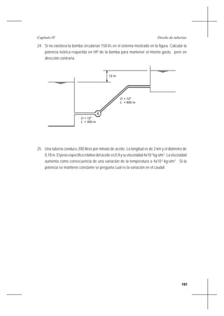 191
Diseño de tuberíasCapítulo IV
24. Si no existiera la bomba circularían 150 l/s en el sistema mostrado en la figura. Calcular la
potencia teórica requerida en HP de la bomba para mantener el mismo gasto, pero en
dirección contraria.
25. Una tubería conduce 200 litros por minuto de aceite. La longitud es de 2 km y el diámetro de
0,18m.Elpesoespecíficorelativodelaceitees0,9ysuviscosidad4x10-3
kg-s/m2
. Laviscosidad
aumenta como consecuencia de una variación de la temperatura a 4x10-2
kg-s/m2
Si la
potencia se mantiene constante se pregunta cual es la variación en el caudal.
B
D = 12"
L = 300 m
= 600 mL
D = 12"
12 m
 