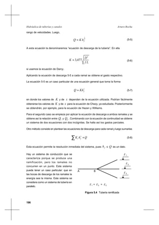 196
Arturo RochaHidráulica de tuberías y canales
rango de velocidades. Luego,
2
1
fhKQ = (5-5)
A esta ecuación la denominaremos “ecuación de descarga de la tubería”. En ella
Lf
D
K
5
477,3= (5-6)
si usamos la ecuación de Darcy.
Aplicando la ecuación de descarga 5-5 a cada ramal se obtiene el gasto respectivo.
La ecuación 5-5 es un caso particular de una ecuación general que toma la forma
x
fKhQ = (5-7)
en donde los valores de K y de x dependen de la ecuación utilizada. Podrían fácilmente
obtenerse los valores de K y de x para la ecuación de Chezy, ya estudiada. Posteriormente
se obtendrán, por ejemplo, para la ecuación de Hazen y Williams.
Para el segundo caso se empieza por aplicar la ecuación de descarga a ambos ramales y se
obtiene así la relación entre 1Q y 2Q . Combinando con la ecuación de continuidad se obtiene
un sistema de dos ecuaciones con dos incógnitas. Se halla así los gastos parciales.
Otro método consiste en plantear las ecuaciones de descarga para cada ramal y luego sumarlas
∑ =QhK
x
fi (5-8)
Esta ecuación permite la resolución inmediata del sistema, pues fh o Q es un dato.
Hay un sistema de conducción que se
caracteriza porque se produce una
ramificación, pero los ramales no
concurren en un punto. Este sistema
puede tener un caso particular: que en
las bocas de descarga de los ramales la
energía sea la misma. Este sistema se
considera como un sistema de tubería en
paralelo.
Figura 5.4 Tubería ramificada
A B
E 1
2
E
3E
1 2 3E = E = E
 