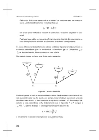 202
Arturo RochaHidráulica de tuberías y canales
Cada punto de la curva corresponde a un tanteo. Los puntos se unen con una curva
suave. La intersección con el eje vertical significa que
( )213 QQQ +− = 0
con lo que queda verificada la ecuación de continuidad y se obtiene los gastos en cada
ramal.
Para hacer este gráfico es necesario definir previamente el sentido del escurrimiento en
cada ramal y escribir la ecuación de continuidad en su forma correspondiente.
Se puede obtener una rápida información sobre el sentido del flujo en el ramal 2 asumiendo en
P una cota piezométrica igual a la del estanque 2. Esto implica 2Q = 0. Comparando 1Q y
3Q se deduce el sentido del escurrimiento en cada tubería.
Una variante de este problema es el de los cuatro reservorios.
Figura 5.7 Cuatro reservorios
El método general se basa en aproximaciones sucesivas. Debe tenerse cuidado de hacer una
sola suposición cada vez. Se puede, por ejemplo, iniciar el cálculo suponiendo una cota
piezométrica en el nudo P1
. Esto determina el flujo en los ramales 1 y 2. Habrá luego que
calcular la cota piezométrica en P2
. Evidentemente que el flujo entre P1
y P2
es igual a
21 QQ + . La pérdida de carga se calcula por ejemplo con la ecuación 5-3
2
5
0827,0 Q
D
Lf
hf =
u otra similar si no se estuviera empleando la ecuación de Darcy.
1
P1
1
2
3
4
2
3 4
P2
 