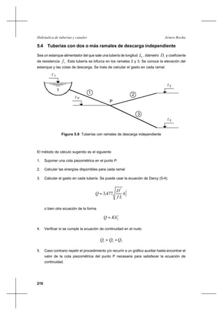 210
Arturo RochaHidráulica de tuberías y canales
5.4 Tuberías con dos o más ramales de descarga independiente
Sea un estanque alimentador del que sale una tubería de longitud 1L , diámetro 1D y coeficiente
de resistencia 1f . Esta tubería se bifurca en los ramales 2 y 3. Se conoce la elevación del
estanque y las cotas de descarga. Se trata de calcular el gasto en cada ramal.
Figura 5.9 Tuberías con ramales de descarga independiente
El método de cálculo sugerido es el siguiente
1. Suponer una cota piezométrica en el punto P.
2. Calcular las energías disponibles para cada ramal
3. Calcular el gasto en cada tubería. Se puede usar la ecuación de Darcy (5-4).
2
15
477,3 fh
Lf
D
Q =
o bien otra ecuación de la forma
x
fKhQ =
4. Verificar si se cumple la ecuación de continuidad en el nudo
321 QQQ +=
5. Caso contrario repetir el procedimiento y/o recurrir a un gráfico auxiliar hasta encontrar el
valor de la cota piezométrica del punto P necesaria para satisfacer la ecuación de
continuidad.
1
z
z P
P
1
1 2
3
z3
z2
 