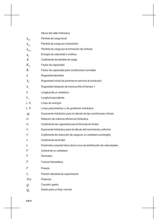 xxiv
Altura del salto hidráulico
Pérdida de carga local
Pérdida de carga por rozamiento
Pérdida de carga por la formación de vórtices
Energía de velocidad o cinética
Coeficiente de pérdida de carga
K Factor de capacidad
K Factor de capacidad para condiciones normales
Rugosidad absoluta
Rugosidad inicial (al ponerse en servicio el conducto)
Rugosidad después de transcurrido el tiempo t
L Longitud de un vertedero
L Longitud equivalente
L. E. Línea de energía
L. P. Línea piezométrica o de gradiente hidráulica
Exponente hidráulico para el cálculo de las condiciones críticas
m Relación de máxima eficiencia hidráulica
m Coeficiente de rugosidad para la fórmula de Kutter
N Exponente hidráulico para el cálculo del movimiento uniforme
N Coeficiente de reducción de carga en un vertedero sumergido
n Coeficiente de Kutter
n Parámetro característico de la curva de distribución de velocidades
P Umbral de un vertedero
P Perímetro
P Fuerza hidrostática
P Presión
P Presión absoluta de vaporización
Potencia
Caudal o gasto
Gasto para un flujo normal
n
e
v
loch
rozh
vorth
Vh
K
k
0k
tk
M
Pot
Q
nQ
hi
 