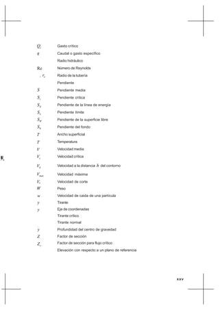 xxv
cQ Gasto crítico
q Caudal o gasto específico
Radio hidráulico
Número de Reynolds
r
, Radio de la tubería
S
Pendiente
S Pendiente media
cS Pendiente crítica
ES Pendiente de la línea de energía
LS Pendiente límite
WS Pendiente de la superficie libre
0S Pendiente del fondo
Ancho superficial
Temperatura
Velocidad media
Velocidad crítica
Velocidad a la distancia h del contorno
maxV Velocidad máxima
*V Velocidad de corte
W Peso
w Velocidad de caida de una partícula
Tirante
Eje de coordenadas
Tirante crítico
ny
Tirante normal
y Profundidad del centro de gravedad
Z Factor de sección
Factor de sección para flujo crítico
z
Elevación con respecto a un plano de referencia
R
Re
or
T
T
V
cV
hV
y
y
cy
cZ
S
.
 