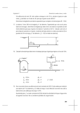 241
Diseño de conducciones y redesCapítulo V
Si la diferencia de nivel H entre ambos estanques es de 10 m, calcular el gasto en cada
ramal. ¿Cuál debe ser el valor de H para que el gasto sea de 300 l/s?
Determinar la longitud de una tubería equivalente que reemplace al sistema (para H =10m).
17. La tubería 1 tiene 300 m de longitud y 4’’ de diámetro. Suponiendo que esta sea la única
tubería de desagüe, determinar la longitud que debe tener una tubería en paralelo (2) del
mismo diámetro para que el gasto en la tubería 1 aumente en 50 %. Calcular cuál sería el
porcentaje de aumento en el gasto, si además del tubo anterior se coloca una tubería (3) en
paralelo de 50 m de largo y 3’’ de diámetro. ( f = 0,02 en todas las tuberías)
18. Calcular la elevación que debe tener el estanque para que el gasto que ingrese a él sea de 10 l/s.
1L = 150 m 1D = 6’’
2L = 80 m 2D = 4’’ f = 0,025
3L = 40 m 3D = 4’’
19. Dos reservorios tienen una diferencia de nivel constante de 220 ft. Están unidos por medio de
una tubería de 9’’ de diámetro y 2,5 millas de largo. A una milla del reservorio más alto la
tubería tiene una salida que descarga 1,5 ft3
/s.
Asumiendo para f un valor constante de 0,036 calcular la velocidad con la que el agua entra
al segundo reservorio. No se consideren pérdidas de cargas locales .
1
H
2
3
válvula
p = 4 kg/cm 2
0
?
1 3
2
10 l/s
 