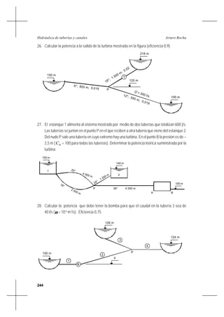 244
Arturo RochaHidráulica de tuberías y canales
26. Calcular la potencia a la salida de la turbina mostrada en la figura (eficiencia 0,9)
27. El estanque 1 alimenta al sistema mostrado por medio de dos tuberías que totalizan 600 |/s.
Las tuberías se juntan en el punto P en el que reciben a otra tubería que viene del estanque 2.
Del nudo P sale una tubería en cuyo extremo hay una turbina. En el punto B la presión es de –
2,5 m ( HC = 100 para todas las tuberías). Determinar la potencia teórica suministrada por la
turbina.
28. Calcular la potencia que debe tener la bomba para que el caudal en la tubería 3 sea de
40 l/s (ν = 10-6
m2
/s). Eficiencia 0,75
P
6"; 800 m; 0,019
18"; 1 500 m; 0,02
12"; 550 m; 0,019
100 m
125 m
T
Q = 300 l/s
150 m
218 m
150 m
140 m
100 m
1
2
18"
2 500 m
24"
1 200 m
P 36" 4 000 m
A B
20"
4 000 m
P
124 m
0
B
1
3
2
4
100 m
126 m
 