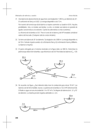 246
Arturo RochaHidráulica de tuberías y canales
31. Una tubería de abastecimiento de agua tiene una longitud de 1 200 m y un diámetro de 24’’.
El coeficiente de Darcy es 0,022. La energía disponible es de 12 m.
Por razones del servicio que da la tubería se requiere aumentar su caudal en 30 %. Hay dos
posibilidades. Una, es instalar una bomba. La otra, es instalar una tubería en paralelo de
iguales características a la existente. Cuál de las alternativas es más económica.
La eficiencia de la bomba es 0,8. Para el costo de la tubería y del HP instalado considerar
valores del mercado. (Comparar sólo los costos iniciales).
32. Se tiene una tubería de 20’’ de diámetro. Su longitud es de 2 000 m. La energía disponible es
de 10 m. Calcular el gasto usando: a) La fórmula de Darcy, b) La fórmula de Hazen y Williams.
La tubería es muy lisa.
33. El gasto entregado por el sistema mostrado en la figura debe ser 800 l/s. Determinar la
potencia que debe tener la bomba, cuya eficiencia es de 0,8. Para todas las tuberías HC =120.
34. De acuerdo a la figura, ¿Qué diámetro debe tener la conducción para elevar 70 l/s?. Las
tuberías son de fierro fundido, nuevas. La potencia de la bomba es 122,3 HP (eficiencia 0,8).
El fluido es agua con una viscosidad de 1,4 x 10-6
m2
/s. Se dispone de tuberías de 6’’, 8’’ y 10’’
de diámetro. La máxima presión negativa admisible es –6 m.
90 m
P
85 m
B
0 m
70 m
18"5 000 m
14 "
6 000 m
5 000 m
30"
18"
6 000 m
3 m
33 m
B
300 m
600 m
 