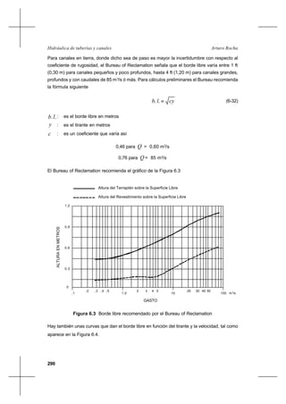 290
Arturo RochaHidráulica de tuberías y canales
Para canales en tierra, donde dicho sea de paso es mayor la incertidumbre con respecto al
coeficiente de rugosidad, el Bureau of Reclamation señala que el borde libre varía entre 1 ft
(0,30 m) para canales pequeños y poco profundos, hasta 4 ft (1,20 m) para canales grandes,
profundos y con caudales de 85 m3
/s ó más. Para cálculos preliminares el Bureau recomienda
la fórmula siguiente
cylb =.. (6-32)
..lb : es el borde libre en metros
y : es el tirante en metros
c : es un coeficiente que varía así
0,46 para Q = 0,60 m3
/s
0,76 para Q = 85 m3
/s
El Bureau of Reclamation recomienda el gráfico de la Figura 6.3
Hay también unas curvas que dan el borde libre en función del tirante y la velocidad, tal como
aparece en la Figura 6.4.
,2 ,3 ,4 ,5 52 3 4 20 5030 40
100 m /s,1 1,0 10
0
0,3
0,6
0,9
1,2
Altura del Terraplén sobre la Superficie Libre
Altura del Revestimiento sobre la Superficie Libre
3
ALTURAENMETROS
GASTO
Figura 6.3 Borde libre recomendado por el Bureau of Reclamation
 