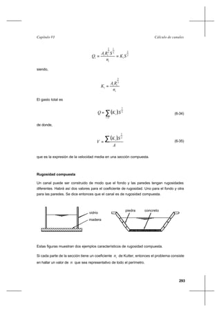 293
Cálculo de canalesCapítulo VI
2
12
1
3
2
SK
n
SRA
Q i
i
ii
i ==
siendo,
i
ii
i
n
RA
K
3
2
=
El gasto total es
( ) 2
1
1
SKQ
i
i∑
=
= (6-34)
de donde,
( )
A
SK
V
i∑=
2
1
(6-35)
que es la expresión de la velocidad media en una sección compuesta.
Rugosidad compuesta
Un canal puede ser construido de modo que el fondo y las paredes tengan rugosidades
diferentes. Habrá así dos valores para el coeficiente de rugosidad. Uno para el fondo y otra
para las paredes. Se dice entonces que el canal es de rugosidad compuesta.
Estas figuras muestran dos ejemplos característicos de rugosidad compuesta.
Si cada parte de la sección tiene un coeficiente in de Kutter, entonces el problema consiste
en hallar un valor de n que sea representativo de todo el perímetro.
concretopiedra
vidrio
madera
 