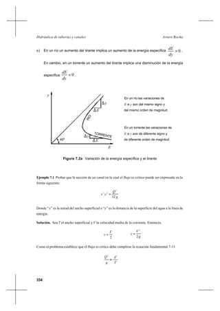 334
Arturo RochaHidráulica de tuberías y canales
x) En un río un aumento del tirante implica un aumento de la energía específica 0>
dy
dE .
En cambio, en un torrente un aumento del tirante implica una disminución de la energía
específica 0<
dy
dE
.
Figura 7.2a Variación de la energía específica y el tirante
Ejemplo 7.1 Probar que la sección de un canal en la cual el flujo es crítico puede ser expresada en la
forma siguiente
g
Q
yx
32
2
32
=
Donde “x” es la mitad del ancho superficial e “y” es la distancia de la superficie del agua a la línea de
energía.
Solución. Sea T el ancho superficial y V la velocidad media de la corriente. Entonces,
2
T
x =
g
V
y
2
2
=
Como el problema establece que el flujo es crítico debe cumplirse la ecuación fundamental 7-11
y
E
RIO
TORRENTE
∆y
∆E
∆E
y∆
En un río las variaciones de
E e y son del mismo signo y
del mismo orden de magnitud.
En un torrente las variaciones de
E e y son de diferente signo y
de diferente orden de magnitud.45º
T
A
g
Q 32
=
 