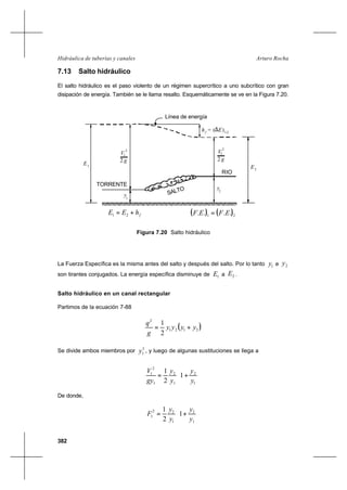 382
Arturo RochaHidráulica de tuberías y canales
7.13 Salto hidráulico
El salto hidráulico es el paso violento de un régimen supercrítico a uno subcrítico con gran
disipación de energía. También se le llama resalto. Esquemáticamente se ve en la Figura 7.20.
fhEE += 21 ( ) ( )21 .... EFEF =
La Fuerza Específica es la misma antes del salto y después del salto. Por lo tanto 1y e 2y
son tirantes conjugados. La energía específica disminuye de 1E a 2E .
Salto hidráulico en un canal rectangular
Partimos de la ecuación 7-88
( )2121
2
2
1
yyyy
g
q
+=
Se divide ambos miembros por 3
1y , y luego de algunas sustituciones se llega a






+=
1
2
1
2
1
2
1
1
2
1
y
y
y
y
gy
V
De donde,






+=
1
2
1
22
1 1
2
1
y
y
y
y
F
Figura 7.20 Salto hidráulico
2 g
2
E
2
V2
y2
f
h = (∆E)1-2
RIO
TORRENTE
SALTO
1
y
g2
2
V1
E1
Línea de energía
 