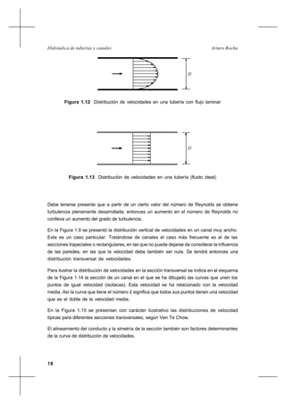 18
Arturo RochaHidráulica de tuberías y canales
Debe tenerse presente que a partir de un cierto valor del número de Reynolds se obtiene
turbulencia plenamente desarrollada; entonces un aumento en el número de Reynolds no
conlleva un aumento del grado de turbulencia.
En la Figura 1.9 se presentó la distribución vertical de velocidades en un canal muy ancho.
Este es un caso particular. Tratándose de canales el caso más frecuente es el de las
secciones trapeciales o rectangulares, en las que no puede dejarse de considerar la influencia
de las paredes, en las que la velocidad debe también ser nula. Se tendrá entonces una
distribución transversal de velocidades.
Para ilustrar la distribución de velocidades en la sección transversal se indica en el esquema
de la Figura 1.14 la sección de un canal en el que se ha dibujado las curvas que unen los
puntos de igual velocidad (isotacas). Esta velocidad se ha relacionado con la velocidad
media. Así la curva que tiene el número 2 significa que todos sus puntos tienen una velocidad
que es el doble de la velocidad media.
En la Figura 1.15 se presentan con carácter ilustrativo las distribuciones de velocidad
típicas para diferentes secciones transversales, según Ven Te Chow.
El alineamiento del conducto y la simetría de la sección también son factores determinantes
de la curva de distribución de velocidades.
D
Figura 1.12 Distribución de velocidades en una tubería con flujo laminar
Figura 1.13 Distribución de velocidades en una tubería (fluido ideal)
D
 