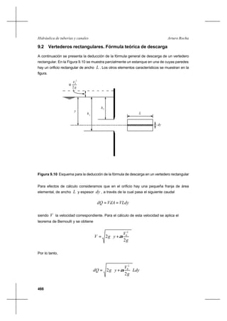 466
Arturo RochaHidráulica de tuberías y canales
9.2 Vertederos rectangulares. Fórmula teórica de descarga
A continuación se presenta la deducción de la fórmula general de descarga de un vertedero
rectangular. En la Figura 9.10 se muestra parcialmente un estanque en una de cuyas paredes
hay un orificio rectangular de ancho L . Los otros elementos característicos se muestran en la
figura.
2
V
g
2
0
α
h2
h1
y
L
dy
Figura 9.10 Esquema para la deducción de la fórmula de descarga en un vertedero rectangular
Para efectos de cálculo consideramos que en el orificio hay una pequeña franja de área
elemental, de ancho L y espesor dy , a través de la cual pasa el siguiente caudal
VLdyVdAdQ ==
siendo V la velocidad correspondiente. Para el cálculo de esta velocidad se aplica el
teorema de Bernoulli y se obtiene






+=
g
V
ygV
2
2
2
0
α
Por lo tanto,
Ldy
g
V
ygdQ 





+=
2
2
2
0
α
 