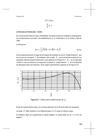 473
VertederosCapítulo IX
≥P 0,30 m
≤
P
H
1
c) Fórmula de Kindsvater - Carter
Es una de las fórmulas de mayor confiabilidad. Se aplica a todos los vertederos rectangulares,
con contracciones o sin ellas. Fue establecida por C. E. Kindsvater y R. W. Carter y data de
1959.
La fórmula es
( )( )2
3
2
3
2
HLe KHKLgcQ ++= (9-19)
Como puede apreciarse, en lugar de la longitud del vertedero se usa la ‘‘longitud efectiva’’, que
es la suma de la longitud L del vertedero más un valor LK que se encuentra a partir de una
expresión obtenida experimentalmente y que aparece en la Figura 9.11. HK es un valor igual
a 0,001 m, que se adiciona a la carga para constituir la ‘’carga efectiva’’. ec es el coeficiente
de descarga propio de la fórmula. Tiene origen experimental y aparece en la Figura 9.12.
Entre los requerimientos para una correcta aplicación de la fórmula están los siguientes.
La carga H debe medirse a una distancia igual a 4 ó 5 veces la máxima carga.
El vertedero debe ser propiamente en pared delgada. La cresta debe ser de 1 ó 2 mm de
espesor.
0
L
KL(mm)
0,2 0,4 0,6 0,8 1
5
4
3
2
1
0
-1
B
Figura 9.11 Gráfico para la determinación de LK
0
L
KL(mm)
0,2 0,4 0,6 0,8 1
5
4
3
2
1
0
-1
B
 