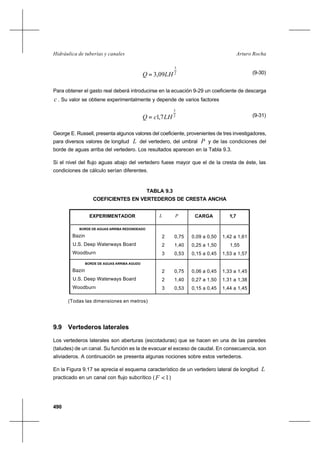 490
Arturo RochaHidráulica de tuberías y canales
2
3
09,3 LHQ = (9-30)
Para obtener el gasto real deberá introducirse en la ecuación 9-29 un coeficiente de descarga
c . Su valor se obtiene experimentalmente y depende de varios factores
2
3
7,1 LHcQ = (9-31)
George E. Russell, presenta algunos valores del coeficiente, provenientes de tres investigadores,
para diversos valores de longitud L del vertedero, del umbral P y de las condiciones del
borde de aguas arriba del vertedero. Los resultados aparecen en la Tabla 9.3.
Si el nivel del flujo aguas abajo del vertedero fuese mayor que el de la cresta de éste, las
condiciones de cálculo serían diferentes.
TABLA 9.3
COEFICIENTES EN VERTEDEROS DE CRESTA ANCHA
EXPERIMENTADOR L P CARGA 1,7c
BORDE DE AGUAS ARRIBA REDONDEADO
Bazin
U.S. Deep Waterways Board
Woodburn
2
2
3
0,75
1,40
0,53
0,09 a 0,50
0,25 a 1,50
0,15 a 0,45
1,42 a 1,61
1,55
1,53 a 1,57
BORDE DE AGUAS ARRIBA AGUDO
Bazin
U.S. Deep Waterways Board
Woodburn
2
2
3
0,75
1,40
0,53
0,06 a 0,45
0,27 a 1,50
0,15 a 0,45
1,33 a 1,45
1,31 a 1,38
1,44 a 1,45
(Todas las dimensiones en metros)
9.9 Vertederos laterales
Los vertederos laterales son aberturas (escotaduras) que se hacen en una de las paredes
(taludes) de un canal. Su función es la de evacuar el exceso de caudal. En consecuencia, son
aliviaderos. A continuación se presenta algunas nociones sobre estos vertederos.
En la Figura 9.17 se aprecia el esquema característico de un vertedero lateral de longitud L
practicado en un canal con flujo subcrítico ( 1<F )
 