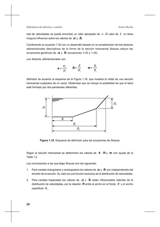 28
Arturo RochaHidráulica de tuberías y canales
real de velocidades se puede encontrar un valor apropiado de n . El valor de k no tiene
ninguna influencia sobre los valores de α y β.
Combinando la ecuación 1-32 con un desarrollo basado en la consideración de tres factores
adimensionales descriptivos de la forma de la sección transversal Strauss obtuvo las
ecuaciones genéricas de α y β (ecuaciones 1-33 y 1-34)
Los factores adimensionales son
H
H1
=ξ
1B
B
=η
1
2
B
B
=ω
definidos de acuerdo al esquema de la Figura 1.18, que muestra la mitad de una sección
transversal cualquiera de un canal. Obsérvese que se incluye la posibilidad de que el talud
esté formado por dos pendientes diferentes.
H1
H
B
1B
B2
Figura 1.18 Esquema de definición para las ecuaciones de Strauss
Según la sección transversal se determinan los valores de ξ, η y ω con ayuda de la
Tabla 1.2.
Las conclusiones a las que llega Strauss son las siguientes
1. Para canales triangulares y rectangulares los valores de α y β son independientes del
tamaño de la sección. Su valor es una función exclusiva de la distribución de velocidades.
2. Para canales trapeciales los valores de α y β están influenciados además de la
distribución de velocidades, por la relación η entre el ancho en el fondo B y el ancho
superficial 1B .
 