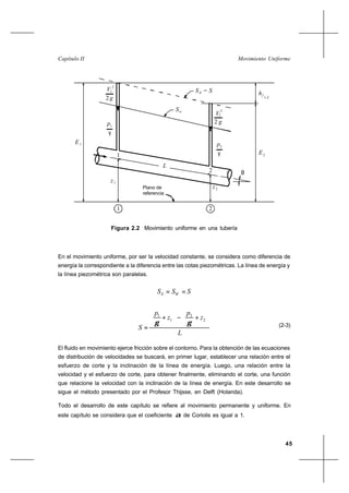 45
Movimiento UniformeCapítulo II
p
γ
2
2z
hf
2
V
g
2
p
γ
1
1z
S = SE
Sw
2 g
V
2
L
θ
1-2
E2
1E
1
2
1 2
Plano de
referencia
1
2
Figura 2.2 Movimiento uniforme en una tubería
En el movimiento uniforme, por ser la velocidad constante, se considera como diferencia de
energía la correspondiente a la diferencia entre las cotas piezométricas. La línea de energía y
la línea piezométrica son paralelas.
SSS WE ==
L
z
p
z
p
S






+−





+
=
2
2
1
1
γγ (2-3)
El fluido en movimiento ejerce fricción sobre el contorno. Para la obtención de las ecuaciones
de distribución de velocidades se buscará, en primer lugar, establecer una relación entre el
esfuerzo de corte y la inclinación de la línea de energía. Luego, una relación entre la
velocidad y el esfuerzo de corte, para obtener finalmente, eliminando el corte, una función
que relacione la velocidad con la inclinación de la línea de energía. En este desarrollo se
sigue el método presentado por el Profesor Thijsse, en Delft (Holanda).
Todo el desarrollo de este capítulo se refiere al movimiento permanente y uniforme. En
este capítulo se considera que el coeficiente α de Coriolis es igual a 1.
 