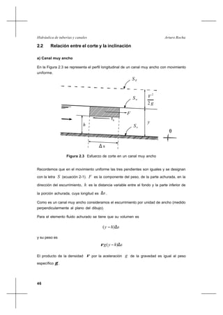 46
Arturo RochaHidráulica de tuberías y canales
2.2 Relación entre el corte y la inclinación
a) Canal muy ancho
En la Figura 2.3 se representa el perfil longitudinal de un canal muy ancho con movimiento
uniforme.
Recordemos que en el movimiento uniforme las tres pendientes son iguales y se designan
con la letra S (ecuación 2-1). F es la componente del peso, de la parte achurada, en la
dirección del escurrimiento, h es la distancia variable entre el fondo y la parte inferior de
la porción achurada, cuya longitud es s∆ .
Como es un canal muy ancho consideramos el escurrimiento por unidad de ancho (medido
perpendicularmente al plano del dibujo).
Para el elemento fluido achurado se tiene que su volumen es
shy ∆− )(
y su peso es
shyg ∆− )(ρ
El producto de la densidad ρ por la aceleración g de la gravedad es igual al peso
específico γ .
Figura 2.3 Esfuerzo de corte en un canal muy ancho
2
V
g2
SE
y
Sw
So
θ
∆ s
h
τh
F
 