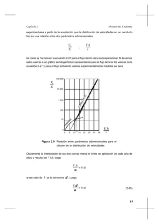 67
Movimiento UniformeCapítulo II
experimentales a partir de la aceptación que la distribución de velocidades en un conducto
liso es una relación entre dos parámetros adimensionales
*V
Vh
;
í
hV∗
tal como se ha visto en la ecuación 2-27 para el flujo dentro de la subcapa laminar. Si llevamos
estos valores a un gráfico semilogarítmico representando para el flujo laminar los valores de la
ecuación 2-27 y para el flujo turbulento valores experimentalmente medidos se tiene
Obviamente la intersección de las dos curvas marca el límite de aplicación de cada una de
ellas y resulta ser 11,6; luego
11,6=
ν
hV*
a ese valor de h se le denomina δ . Luego
11,6=
ν
δ*V
(2-28)
Figura 2.9 Relación entre parámetros adimensionales para el
cálculo de la distribución de velocidades
35
0
150 105
11,6
2520 30
LAM
IN
AR
10
10 000
1 000
V*
hV
TURBULENTO
100
v
*V h
100 000
 