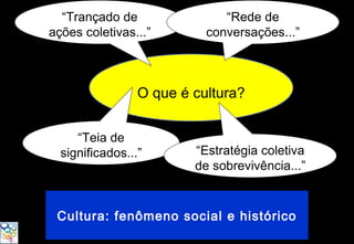 “Trançado de                “Rede de
ações coletivas...”        conversações...”



                 O que é cultura?


     “Teia de
  significados...”       “Estratégia coletiva
                         de sobrevivência...”


 Cultura: fenômeno social e histórico
 