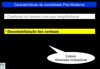Características da socialidade Pós-Moderna


• Confronto do homem com sua insignificância



• Desestabilização das certezas




                                   Cultura
                             Dimensão civilizacional
 