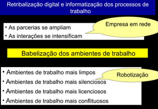 Retribalização digital e informatização dos processos de
                            trabalho

                                       Empresa em rede
 • As parcerias se ampliam
 • As interações se intensificam


       Babelização dos ambientes de trabalho

• Ambientes de trabalho mais limpos         Robotização
• Ambientes de trabalho mais silenciosos
• Ambientes de trabalho mais licenciosos
• Ambientes de trabalho mais conflituosos
 