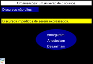 Organizações: um universo de discursos
Discursos não-ditos


Discursos impedidos de serem expressados.



                            Amarguram
                            Anestesiam
                            Desanimam
 
