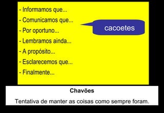 - Informamos que...
 - Comunicamos que...
 - Por oportuno...               cacoetes
 - Lembramos ainda...
 - A propósito...
 - Esclarecemos que...
 - Finalmente...

                       Chavões
Tentativa de manter as coisas como sempre foram.
 