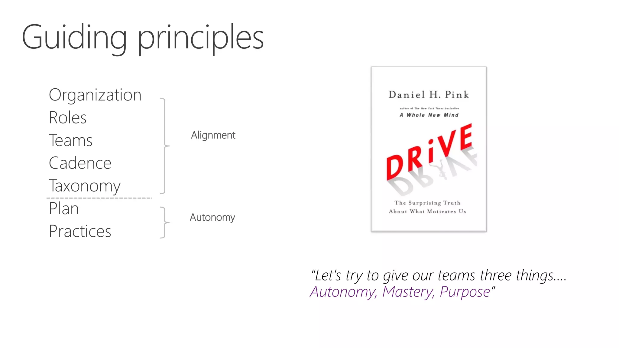 Alignment
Autonomy
“Let’s try to give our teams three things….
Autonomy, Mastery, Purpose”
 