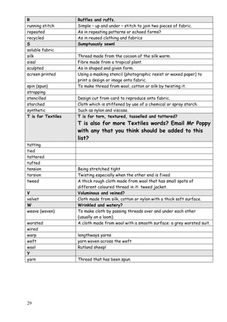 29
R Ruffles and ruffs.
running stitch Simple – up and under – stitch to join two pieces of fabric.
repeated As in repeating patterns or echoed forms?
recycled As in reused clothing and fabrics
S Sumptuously sewn!
soluble fabric
silk Thread made from the cocoon of the silk worm.
sisal Fibre made from a tropical plant.
sculpted As in shaped and given form.
screen printed Using a masking stencil (photographic resist or waxed paper) to
print a design or image onto fabric.
spin (spun) To make thread from wool, cotton or silk by twisting it.
strapping
stencilled Design cut from card to reproduce onto fabric.
starched Cloth which is stiffened by use of a chemical or spray starch.
synthetic Such as nylon and viscose.
T is for Textiles T is for torn, textured, tasselled and tattered?
T is also for more Textiles words? Email Mr Poppy
with any that you think should be added to this
list?
tatting
tied
tattered
tufted
tension Being stretched tight
torsion Twisting especially when the other end is fixed
tweed A thick rough cloth made from wool that has small spots of
different coloured thread in it: tweed jacket.
V Voluminous and veined?
velvet Cloth made from silk, cotton or nylon with a thick soft surface.
W Wrinkled and watery?
weave (woven) To make cloth by passing threads over and under each other
(usually on a loom).
worsted A cloth made from wool with a smooth surface: a grey worsted suit.
wired
warp lengthways yarns
weft yarn woven across the weft
wool Rutland sheep!
Y
yarn Thread that has been spun.
 