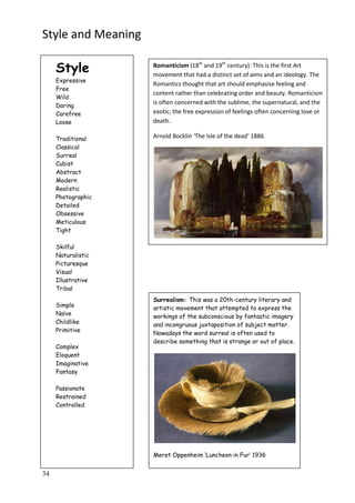 34
Style and Meaning
Surrealism: This was a 20th-century literary and
artistic movement that attempted to express the
workings of the subconscious by fantastic imagery
and incongruous juxtaposition of subject matter.
Nowadays the word surreal is often used to
describe something that is strange or out of place.
Meret Oppenheim „Luncheon in Fur‟ 1936
Romanticism (18th
and 19th
century): This is the first Art
movement that had a distinct set of aims and an ideology. The
Romantics thought that art should emphasise feeling and
content rather than celebrating order and beauty. Romanticism
is often concerned with the sublime, the supernatural, and the
exotic; the free expression of feelings often concerning love or
death.
Arnold Bocklin ‘The Isle of the dead’ 1886
Style
Expressive
Free
Wild
Daring
Carefree
Loose
Traditional
Classical
Surreal
Cubist
Abstract
Modern
Realistic
Photographic
Detailed
Obsessive
Meticulous
Tight
Skilful
Naturalistic
Picturesque
Visual
Illustrative
Tribal
Simple
Naïve
Childlike
Primitive
Complex
Eloquent
Imaginative
Fantasy
Passionate
Restrained
Controlled
 