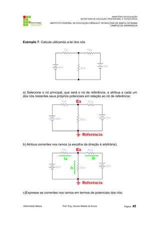 MINISTÉRIO DA EDUCAÇÃO
SECRETARIA DE EDUCAÇÃO PROFISSIONAL E TECNOLÓGICA
INSTITUTO FEDERAL DE EDUCAÇÃO CIÊNCIA E TECNOLOGIA DE SANTA CATARINA
CAMPUS DE ARARANGUÁ
Exemplo 7: Calcule utilizando a lei dos nós
a) Selecione o nó principal, que será o nó de referência, e atribua a cada um
dos nós restantes seus próprios potenciais em relação ao nó de referência;
b) Atribua correntes nos ramos (a escolha da direção é arbitrária);
c)Expresse as correntes nos ramos em termos de potenciais dos nós;
Eletricidade Básica Prof. Eng. Giovani Batista de Souza Página: 45
 