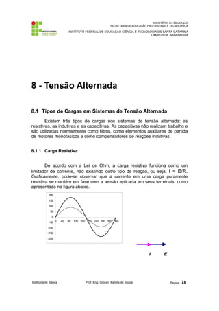 MINISTÉRIO DA EDUCAÇÃO
SECRETARIA DE EDUCAÇÃO PROFISSIONAL E TECNOLÓGICA
INSTITUTO FEDERAL DE EDUCAÇÃO CIÊNCIA E TECNOLOGIA DE SANTA CATARINA
CAMPUS DE ARARANGUÁ
8 - Tensão Alternada
8.1 Tipos de Cargas em Sistemas de Tensão Alternada
Existem três tipos de cargas nos sistemas de tensão alternada: as
resistivas, as indutivas e as capacitivas. As capacitivas não realizam trabalho e
são utilizadas normalmente como filtros, como elementos auxiliares de partida
de motores monofásicos e como compensadores de reações indutivas.
8.1.1 Carga Resistiva
De acordo com a Lei de Ohm, a carga resistiva funciona como um
limitador de corrente, não existindo outro tipo de reação, ou seja, I = E/R.
Graficamente, pode-se observar que a corrente em uma carga puramente
resistiva se mantém em fase com a tensão aplicada em seus terminais, como
apresentado na figura abaixo.
-200
-150
-100
-50
0
50
100
150
200
0 40 80 120 160 200 240 280 320 360
Eletricidade Básica Prof. Eng. Giovani Batista de Souza Página: 78
E
I
 