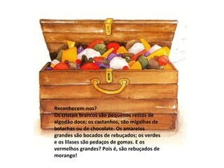 Reconhecem-nos? Os cristais brancos são pequenos restos de algodão doce; os castanhos, são migalhas de bolachas ou de chocolate. Os amarelos grandes são bocados de rebuçados; os verdes e os lilases são pedaços de gomas. E os vermelhos grandes? Pois é, são rebuçados de morango! 