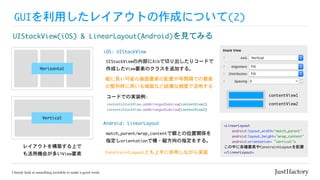GUIを利用したレイアウトの作成について(2)
UIStackView(iOS)	&	LinearLayout(Android)を見てみる
UIStackViewの内部にXibで切り出したりコードで
作成したView要素のクラスを追加する。
iOS:	UIStackView
match_parent/wrap_contentで親との位置関係を
指定しorientationで横・縦方向の指定をする。
Android:	LinearLayout
レイアウトを構築する上で
も活用機会が多いView要素
Horizontal
Vertical
<LinearLayout

				android:layout_width="match_parent"

				android:layout_height="wrap_content"

				android:orientation=“vertical">

この中に各種要素やConstraintLayoutを配置

</LinearLayout>
contentsStackView.addArrangedSubview(contentView1)

contentsStackView.addArrangedSubview(contentView2)
コードでの実装例:
contentView2
contentView1
縦に長い可変の画面要素の配置や等間隔での要素
の整列時に用いる場面など結構な頻度で活用する
ConstraintLayoutとも上手に併用しながら実装
 