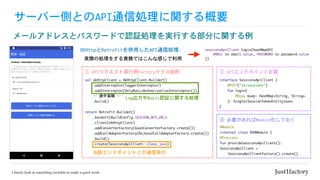 サーバー側とのAPI通信処理に関する概要
メールアドレスとパスワードで認証処理を実行する部分に関する例
val	okHttpClient	=	OkHttpClient.Builder()

				.addInterceptor(loggerInterceptor)

				.addInterceptor(OnlyBasicAuthorizationInterceptor())

				…	途中省略	…

				.build()

return	Retrofit.Builder()

				.baseUrl(BuildConfig.SESSION_API_URL)

				.client(okHttpClient)

				.addConverterFactory(GsonConverterFactory.create())

				.addCallAdapterFactory(RxJava2CallAdapterFactory.create())

				.build()

				.create(SessionsApiClient::class.java)
interface	SessionsApiClient	{

				@POST("v1/sessions")

				fun	login(

								@Body	body:	HashMap<String,	String>

				):	Single<SessionTokenEntityJson>

}
sessionsApiClient.login(hashMapOf(

				EMAIL	to	email.value,	PASSWORD	to	password.value

))
OKHttpとRetrofitを併用したAPI通信処理:
①	APIリクエスト実行用Factoryクラス抜粋 ②	APIエンドポイント定義
③	必要があればModule化しておく
@Module

internal	class	XXXModule	{

@Provides

fun	provideSessionsApiClient():	
SessionsApiClient	=

				SessionsApiClientFactory().create()
実際の処理をする責務ではこんな感じで利用
当該エンドポイントとの通信実行
Log出力やBasic認証に関する処理
 
