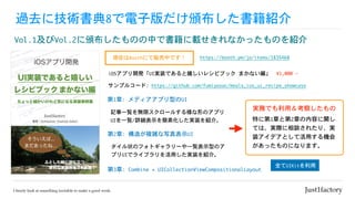 過去に技術書典8で電子版だけ頒布した書籍紹介
Vol.1及びVol.2に頒布したものの中で書籍に載せきれなかったものを紹介
第1章:	メディアアプリ型のUI	
第2章:	構造が複雑な写真表示UI
記事一覧を無限スクロールする様な形のアプリ
UIを一覧/詳細表示を簡素化した実装を紹介。
現在はBoothにて販売中です！ https://booth.pm/ja/items/1835468
¥1,000	-	iOSアプリ開発「UI実装であると嬉しいレシピブック	まかない編」
サンプルコード:	https://github.com/fumiyasac/meals_ios_ui_recipe_showcase
第3章:	Combine	+	UICollectionViewCompositionalLayout
タイル状のフォトギャラリーや一覧表示型のア
プリUIでライブラリを活用した実装を紹介。
実務でも利用＆考察したもの
特に第1章と第2章の内容に関し
ては、実際に相談されたり、実
装アイデアとして活用する機会
があったものになります。
	全てUIKitを利用
 