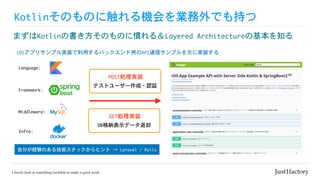 Kotlinそのものに触れる機会を業務外でも持つ
まずはKotlinの書き方そのものに慣れる＆Layered	Architectureの基本を知る
iOSアプリサンプル実装で利用するバックエンド用のAPI通信サンプルを元に実装する
自分が経験のある技術スタックからヒント	→	Laravel	/	Rails
Language:
Framework:
Middleware:
Infra:
POST処理実装
テストユーザー作成・認証
GET処理実装
DB格納表示データ返却
 