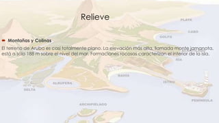 Relieve 
 Montañas y Colinas 
El terreno de Aruba es casi totalmente plano. La elevación más alta, llamada monte jamanota, 
está a sólo 188 m sobre el nivel del mar. Formaciones rocosas caracterizan el interior de la isla. 
 