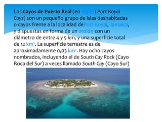 Los Cayos de Puerto Real (en inglés: Port Royal
Cays) son un pequeño grupo de islas deshabitadas
o cayos frente a la localidad dePort Royal, Jamaica,
y dispuestas en forma de un atolón con un
diámetro de entre 4 y 5 km, y una superficie total
de 12 km². La superficie terrestre es de
aproximadamente 0,03 km². Hay ocho cayos
nombrados, incluyendo el de South Cay Rock (Cayo
Roca del Sur) a veces llamado South Cay (Cayo Sur)
 