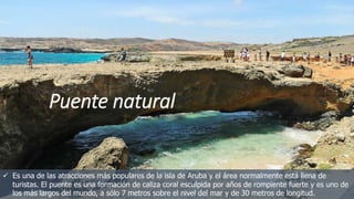 Puente natural
 Es una de las atracciones más populares de la isla de Aruba y el área normalmente está llena de
turistas. El puente es una formación de caliza coral esculpida por años de rompiente fuerte y es uno de
los más largos del mundo, a sólo 7 metros sobre el nivel del mar y de 30 metros de longitud.
 