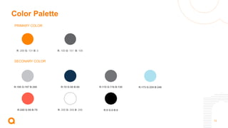 13
Color Palette
PRIMARY COLOR
SECONARY COLOR
R: 255 G: 131 B: 0
R:195 G:197 B:200
R:255 G:95 B:75
R:173 G:225 B:240
R: 100 G: 101 B: 105
R:15 G:50 B:80
R: 255 G: 255 B: 255
R:115 G:116 B:120
R:0 G:0 B:0
 