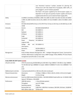 Router-switch.com 10
case theoretical maximum numbers provided for planning the
infrastructure with fully loaded PoE (if equipped), 100% traffic, all
ports plugged in, and all modules populated.
PoE Power is the power supplied by the internal power supply, it is
dependent on the type and quantity of power supplies and may be
supplemented with the use of a External Power Supply (EPS).
Safety UL 60950-1 2nd Edition; EN 60950-1:2006 +A11:2009 +A1:2010 +A12:2011+A2:2013; IEC 60950-
1:2005 +A1:2009 +A2:2013; CSA 22.2 No. 60950-1-07 2nd; EN 60825-1:2014 / IEC 60825-1:2014
Class 1
Emissions EN 55032:2012/CISPR 32 Class A; FCC CFR 47 Part 15 Class A; VCCI Class A; ICES-003 Class A; CNS
13438
Immunity Generic EN 55024:2010/CISPR 24
ESD IEC 61000-4-2
Radiated IEC 61000-4-3
EFT/Burst IEC 61000-4-4
Surge IEC 61000-4-5
Conducted IEC 61000-4-6
Power frequency
magnetic field
IEC 61000-4-8
Voltage dips and
interruptions
IEC 61000-4-11
Harmonics IEC/EN 61000-3-2
Flicker IEC/EN 61000-3-3
Management Aruba AirWave Network Management; IMC – Intelligent Management Center; Command-line
interface; Web browser; Configuration menu; SNMP manager; Telnet; RMON1; FTP; Out-of-band
management (serial RS-232C or micro USB)
Aruba 2930F 24G 4SFP Switch (JL259A)
I/O ports and slots 24 RJ-45 autosensing 10/100/1000 ports (IEEE 802.3 Type 10BASE-T, IEEE 802.3u Type 100BASE-
TX, IEEE 802.3ab Type 1000BASE-T); Duplex: 10BASE-T/100BASE-TX: half or full; 1000BASE-T: full
only
4 SFP
Additional ports and slots 1 dual-personality (RJ-45 or USB micro-B) serial console port
Physical characteristics Dimensions 17.42(w) x 7.88(d) x 1.73(h) in (44.25 x 20.02 x 4.39 cm) (1U height)
Weight 5.31 lb (2.41 kg)
Memory and processor Dual Core ARM Coretex A9 @ 1016 MHz, 1 GB DDR3 SDRAM; Packet buffer size: 12.38 MB 4.5MB
Ingress/7.785 Egress, 4 GB eMMC
Performance 1000 Mb Latency < 3.8 µs (64-byte packets)
Throughput up to 41.7 Mpps
Switching capacity 56 Gbps
Routing table size 2,000 IPv4, 1,000 IPv6 in hardware, 200 OSPF, 256 Static, 10,000 RIP
MAC address table size 32768 entries
 