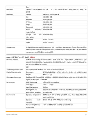 Router-switch.com 13
Class 1
Emissions EN 55032:2012/CISPR 32 Class A; FCC CFR 47 Part 15 Class A; VCCI Class A; ICES-003 Class A; CNS
13438
Immunity Generic EN 55024:2010/CISPR 24
ESD IEC 61000-4-2:
Radiated IEC 61000-4-3
EFT/Burst IEC 61000-4-4
Surge IEC 61000-4-5
Conducted IEC 61000-4-6
Power frequency
magnetic field
IEC 61000-4-8
Voltage dips and
interruptions
IEC 61000-4-11
Harmonics IEC/EN 61000-3-2
Flicker IEC/EN 61000-3-3
Management Aruba AirWave Network Management; IMC – Intelligent Management Center; Command-line
interface; Web browser; Configuration menu; SNMP manager; Telnet; RMON1; FTP; Out-of-band
management (serial RS-232C or micro USB)
Aruba 2930F 24G PoE+ 4SFP Switch (JL261A)
I/O ports and slots 24 RJ-45 autosensing 10/100/1000 PoE+ ports (IEEE 802.3 Type 10BASE-T, IEEE 802.3u Type
100BASE-TX, IEEE 802.3ab Type 1000BASE-T, IEEE 802.3at PoE+); Duplex: 10BASE-T/100BASE-TX:
half or full; 1000BASE-T: full only
4 SFP
Additional ports and slots 1 dual-personality (RJ-45 or USB micro-B) serial console port
Physical characteristics Dimensions 17.42(w) x 11.98(d) x 1.73(h) in (44.25 x 30.42 x 4.39 cm) (1U height)
Weight 8.6 lb (3.9 kg)
Memory and processor Dual Core ARM Coretex A9 @ 1016 MHz, 1 GB DDR3 SDRAM; Packet buffer size: 12.38 MB 4.5MB
Ingress/7.785 Egress, 4 GB eMMC
Performance 1000 Mb Latency < 3.8 µs (64-byte packets)
Throughput up to 41.7 Mpps
Switching capacity 56 Gbps
Routing table size 2,000 IPv4, 1,000 IPv6 in hardware, 200 OSPF, 256 Static, 10,000 RIP
MAC address table size 32768 entries
Environment Operating temperature 32°F to 113°F (0°C to 45°C); up to 5000 Feet, - 0C to 40C (32F to 104F)
up to 10000 Feet
Operating relative
humidity
15% to 95% @ 104°F (40°C), noncondensing
Nonoperating/Storage
temperature
-40°F to 158°F (-40°C to 70°C); up to 15000 Feet
 