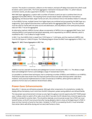 transmit. This results in contention, collisions on the medium, and back-off delays that waste time, which could
be better used to send traffic. The frame aggregation mechanism introduced in 802.11n, which reduces
contention events, are also supported in the 802.11ac standard.
With MAC-layer aggregation, a station with a number of frames to send can opt to combine them into an
aggregate frame (MAC MPDU). The resulting frame contains lesser header overhead than that without
aggregating, and because fewer, larger frames are sent, the contention time on the wireless medium is reduced.
In the A-MSDU format, multiple frames from higher layers are combined and processed by the MAC layer as a
single entity. Each original frame becomes a subframe within the aggregated MAC frame. Thus this method
must be used for frames with the same source and destination, and only MSDUs of the same priority (access
class as in 802.11e) can be aggregated.
An alternative method, A-MPDU format, allows concatenation of MPDUs into an aggregate MAC frame. Each
individual MPDU is encrypted and decrypted separately, and is separated by an A-MPDU delimiter, which is
modified for 802.11ac to allow for longer frames.
In 802.11ac, the A-MSDU limit is raised from 7,935 bytes to 11,426 bytes, and the maximum A-MPDU size
from 65,535 bytes to 1,048,576 bytes. The following diagram shows the MAC frame aggregation of 802.11ac.
Figure 11 MAC Frame Aggregation in 802.11ac
A-MPDU must be used with the block-acknowledgment function introduced in 802.11n. This allows a single
block acknowledgment frame to acknowledge a range of received data frames.
It is possible to combine these techniques, that is combining a number of MSDUs and A-MSDUs in an A-MPDU.
Theoretical studies have shown that this improves performance over either technique when used alone.
However, most practical implementations to date concentrate on A-MPDU, which performs well in the
presence of errors due to its selective retransmission ability.
Power-Save Enhancements
Many 802.11 devices are still battery-powered. Although other components of a smartphone, notably the
display still tax the battery much more than the Wi-Fi subsystem, power-saving additions are still worthwhile.
The new power-save enhancement is known as very high throughput transmit opportunity (VHT TXOP) power-
save. It allows a client to switch off its radio circuit after it has seen the AP indicate that a transmit opportunity
(TXOP) is intended for another client. This should be relatively uncontroversial, except that a TXOP can cover
several frames; so the AP must ensure that after having allowed a client to doze at the beginning of a TXOP, it
does not then transmit a frame for that client. Similarly, if a TXOP is truncated by the AP, it must remember
that certain clients will still be dozing and not send new frames to them.
Aruba 802.11ac Networks 802.11ac Features and Benefits | 19
 