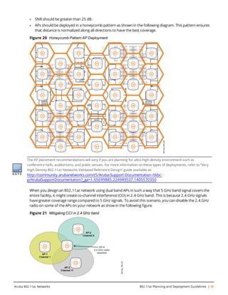 l SNR should be greater than 25 dB.
l APs should be deployed in a honeycomb pattern as shown in the following diagram. This pattern ensures
that distance is normalized along all directions to have the best coverage.
Figure 20 Honeycomb Pattern AP Deployment
The AP placement recommendations will vary if you are planning for ultra-high density environment such as
conference halls, auditoriums, and public venues. For more information on these types of deployments, refer to “Very
High Density 802.11ac Networks Validated Reference Design” guide available at:
http://community.arubanetworks.com/t5/Aruba-Support-Documentation /tkbc-
p/ArubaSupportDocumentation?_ga=1.65699885.224949537.1405570350
When you design an 802.11ac network using dual band APs in such a way that 5 GHz band signal covers the
entire facility, it might create co-channel interference (CCI) in 2.4 GHz band. This is because 2.4 GHz signals
have greater coverage range compared to 5 GHz signals. To avoid this scenario, you can disable the 2.4 GHz
radio on some of the APs on your network as show in the following figure.
Figure 21 Mitigating CCI in 2.4 GHz band
Aruba 802.11ac Networks 802.11ac Planning and Deployment Guidelines | 29
 