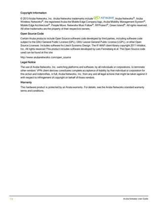 2 | Aruba Activate| User Guide
Copyright Information
© 2013 Aruba Networks, Inc. Aruba Networks trademarks include , Aruba Networks®, Aruba
Wireless Networks®, the registered Aruba the Mobile Edge Company logo, Aruba Mobility Management System®,
Mobile Edge Architecture®, People Move. Networks Must Follow®, RFProtect®, Green Island®. All rights reserved.
All other trademarks are the property of their respective owners.
Open Source Code
Certain Aruba products include Open Source software code developed by third parties, including software code
subject to the GNU General Public License (GPL), GNU Lesser General Public License (LGPL), or other Open
Source Licenses. Includes software fro Litech Systems Design. The IF-MAP client library copyright 2011 Infoblox,
Inc. All rights reserved.This product includes software developed by Lars Fenneberg et al. The Open Source code
used can be found at this site
http://www.arubanetworks.com/open_source
Legal Notice
The use of Aruba Networks, Inc. switching platforms and software, by all individuals or corporations, to terminate
other vendors’ VPN client devices constitutes complete acceptance of liability by that individual or corporation for
this action and indemnifies, in full, Aruba Networks, Inc. from any and all legal actions that might be taken against it
with respect to infringement of copyright on behalf of those vendors.
Warranty
This hardware product is protected by an Aruba warranty. For details, see the Aruba Networks standard warranty
terms and conditions.
 