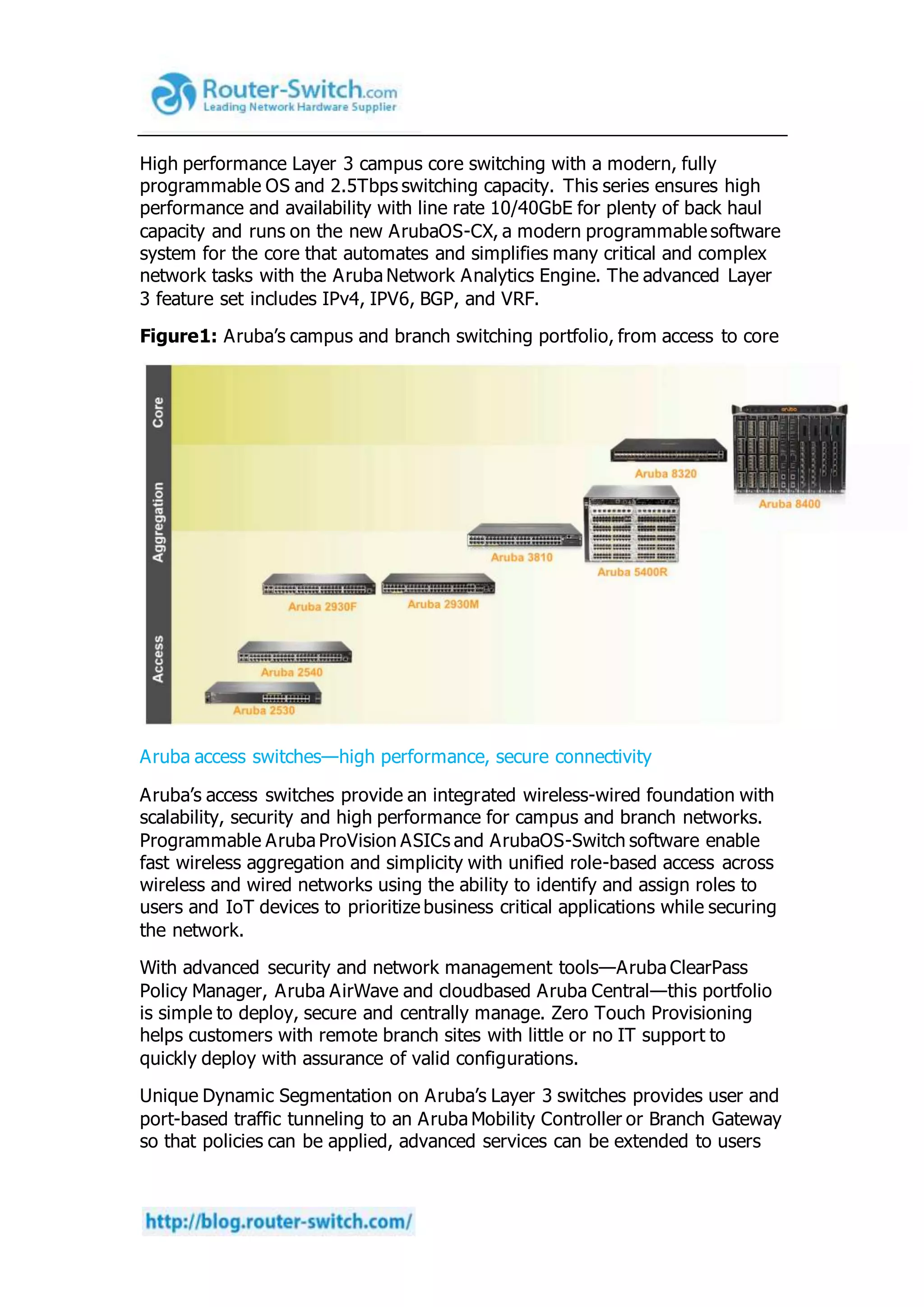 High performance Layer 3 campus core switching with a modern, fully
programmable OS and 2.5Tbps switching capacity. This series ensures high
performance and availability with line rate 10/40GbE for plenty of back haul
capacity and runs on the new ArubaOS-CX, a modern programmable software
system for the core that automates and simplifies many critical and complex
network tasks with the Aruba Network Analytics Engine. The advanced Layer
3 feature set includes IPv4, IPV6, BGP, and VRF.
Figure1: Aruba’s campus and branch switching portfolio, from access to core
Aruba access switches—high performance, secure connectivity
Aruba’s access switches provide an integrated wireless-wired foundation with
scalability, security and high performance for campus and branch networks.
Programmable Aruba ProVision ASICs and ArubaOS-Switch software enable
fast wireless aggregation and simplicity with unified role-based access across
wireless and wired networks using the ability to identify and assign roles to
users and IoT devices to prioritize business critical applications while securing
the network.
With advanced security and network management tools—Aruba ClearPass
Policy Manager, Aruba AirWave and cloudbased Aruba Central—this portfolio
is simple to deploy, secure and centrally manage. Zero Touch Provisioning
helps customers with remote branch sites with little or no IT support to
quickly deploy with assurance of valid configurations.
Unique Dynamic Segmentation on Aruba’s Layer 3 switches provides user and
port-based traffic tunneling to an Aruba Mobility Controller or Branch Gateway
so that policies can be applied, advanced services can be extended to users
 